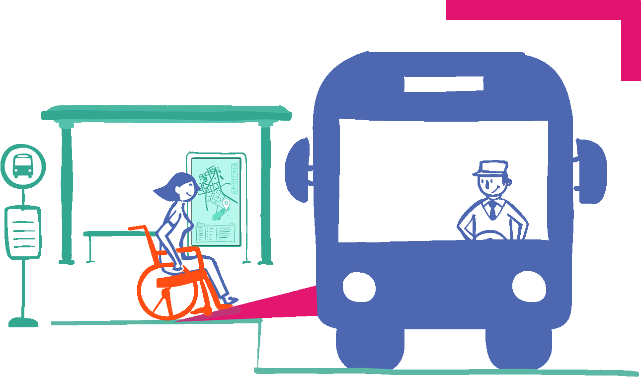 Illustration femme en chaise roulante montant dans un bus